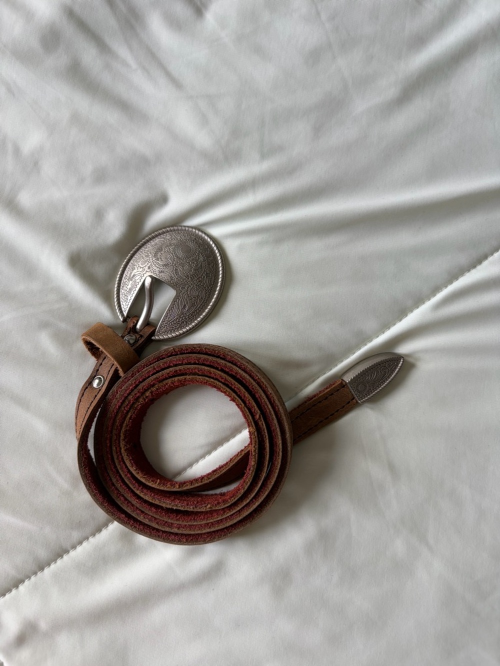 Brown Leather Western-Style Belt with Silver Buckle